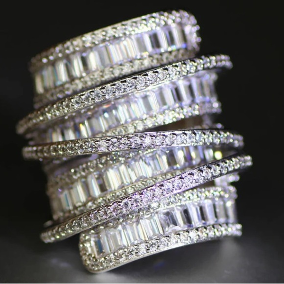 Sterling Silver Baguette Cubic Zircon Multilayer Cross Over Statement Ring - Picture 9 of 11